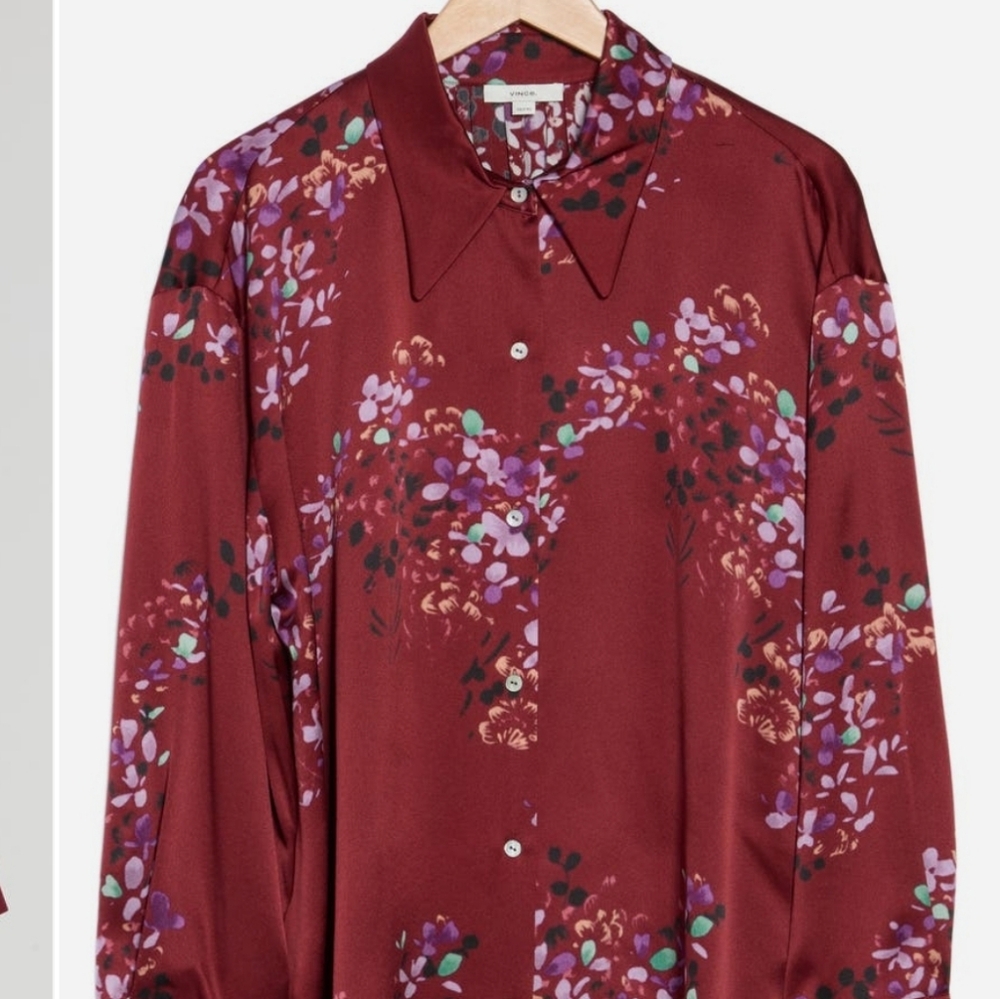 Vince Forsythia Silk Floral Botton-Up Blouse - Burgundy - Picture 3 of 4